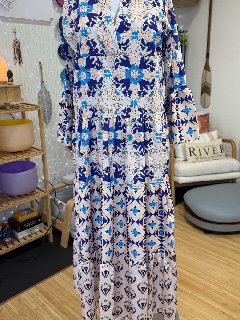 Sunday Blue and Cream Geometric Floral Tiered Maxi Dress